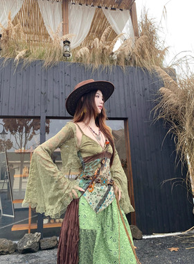 波西米亚绿色蕾丝喇叭袖防晒短款开衫辣妹叠穿外搭罩衣