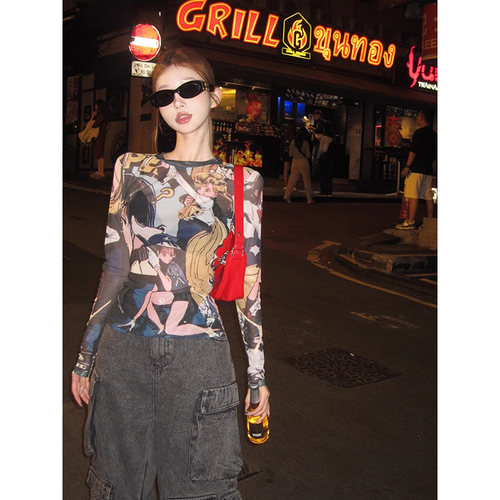 卡通动漫印花网纱内搭打底衫