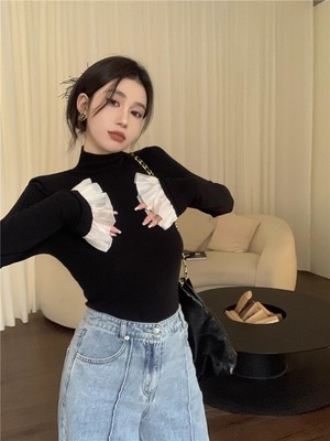 长袖喇叭袖高领黑色打底衫