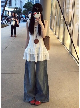 法式ins白色蕾丝V领背心连衣裙女韩系甜美A字蛋糕短裙子