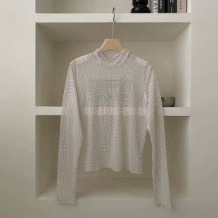 韩系精致叠穿百搭半高领蕾丝透视打底衫 女上衣2024新款