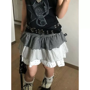 美式 Y2K轻亚三重拼接叠穿条纹波点半身裙女A字褶皱蛋糕裙