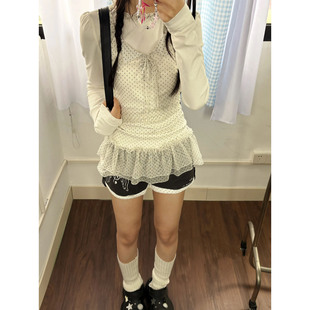 【小松莉莉安长袖T恤】日系轻亚假两件波点网纱奈奈上衣