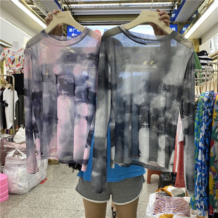 lisa同款上衣扎染网纱打底衫女冰丝防晒内搭透视t薄款t2022