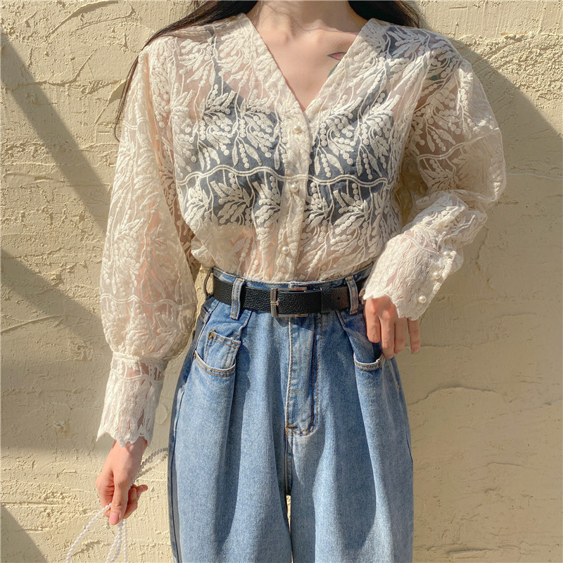 速发蕾丝小衫春秋洋气内搭打底衫2021新版韩松宽款开衫长袖上衣