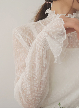 网纱上衣女春秋新款白色高领雪纺蕾丝打底衫长袖薄款内搭洋气纱衣