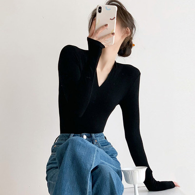 新款黑色长袖v领针织上衣