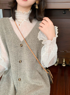 速发网内高衣春秋白色上领蕾丝打底衫长袖薄款纱搭洋气纱衣