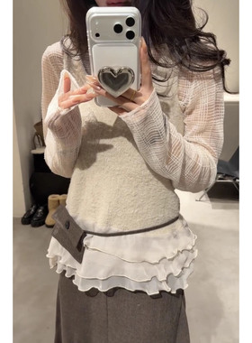 毛绒绒吊带背心女秋冬荷叶边斜下摆辣妹无袖bm打底上衣