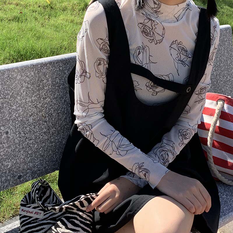 夏季小高领网纱长袖内搭打底衫上衣修身薄款内搭t恤女ins