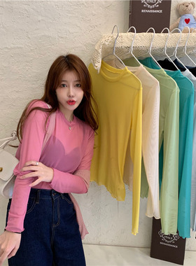 夏2020新款紫色上衣女冰丝T恤内搭糖果色薄款长袖网纱防晒打底衫