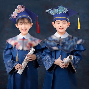 儿童博士服幼儿园学士服毕业照博士帽簪花云肩国风学生新中式礼服