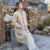 onrays 亚麻棉绉布纱加厚棉衣新疆棉花填充高领长款 膝下插肩棉服