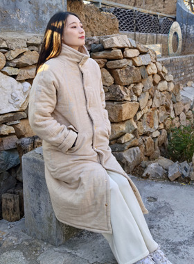 onrays|亚麻棉绉布纱加厚棉衣新疆棉花填充高领长款膝下插肩棉服