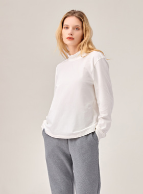 onrays|100%有机棉软糯高支高密本白灰色半高领保暖长袖T恤衫