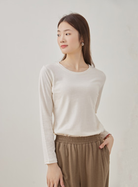汉麻有机棉圆领长袖t恤打底衫修身显瘦百搭纯色上衣春款