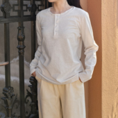 55%汉麻45%有机棉休闲薄款 系扣长袖 T恤