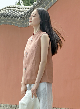 onrays|100%亚麻水洗新中式国风小高领外穿无袖马甲阔腿裤套装