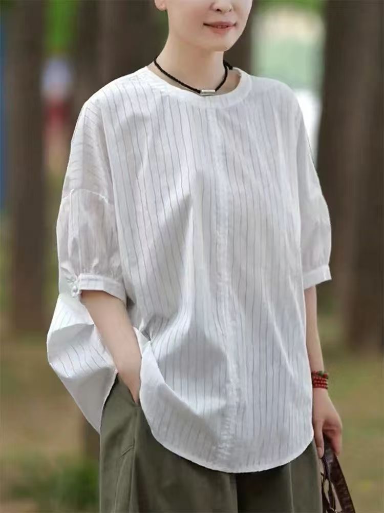 韩系百搭宽松条纹衬衫潮欧洲站2026夏季新款洋气休闲单排扣衬衫