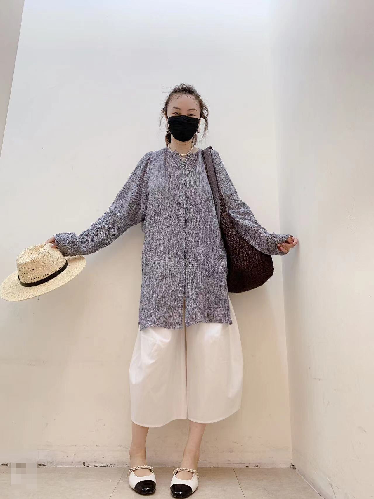 复古民族风纯亚麻圆领长袖衬衫松弛百搭气质拉满