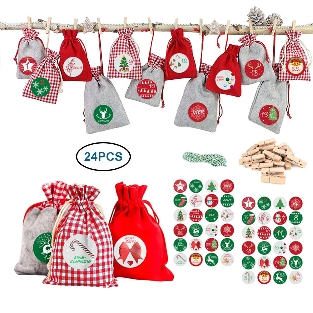 24pcs christmas advent calendar bag hanging candy gift sacks