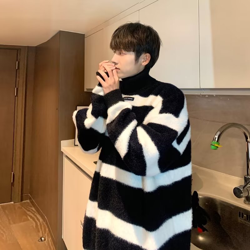 高领毛衣男冬季潮牌痞帅加厚条纹打底针织衫慵懒日系情侣套头外套