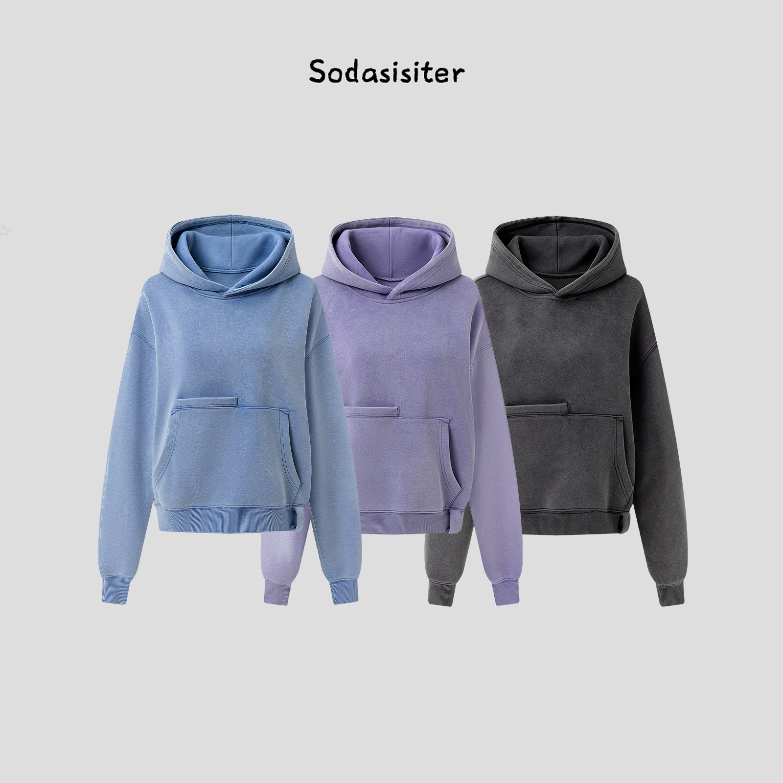 SodaSisiter美式复古水洗做旧连帽卫衣女新款宽松纯色外套上衣