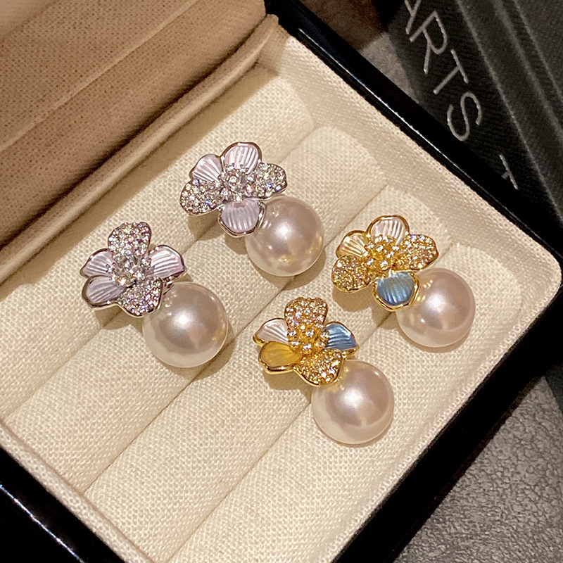 S925纯银针锆石珍珠花朵耳环女真金电镀高级感爆款耳钉时尚耳