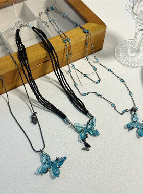 清冷感碎冰蓝蝴蝶吊坠项链女 甜酷高级感锁骨链 小众设计颈链配饰