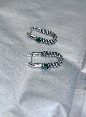 韩国东大门时尚个性绿色钻麻花复古U形耳扣简约方形几何轻奢耳环