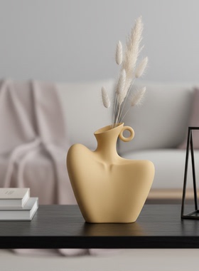 极简风黄色陶瓷人形花瓶摆件
