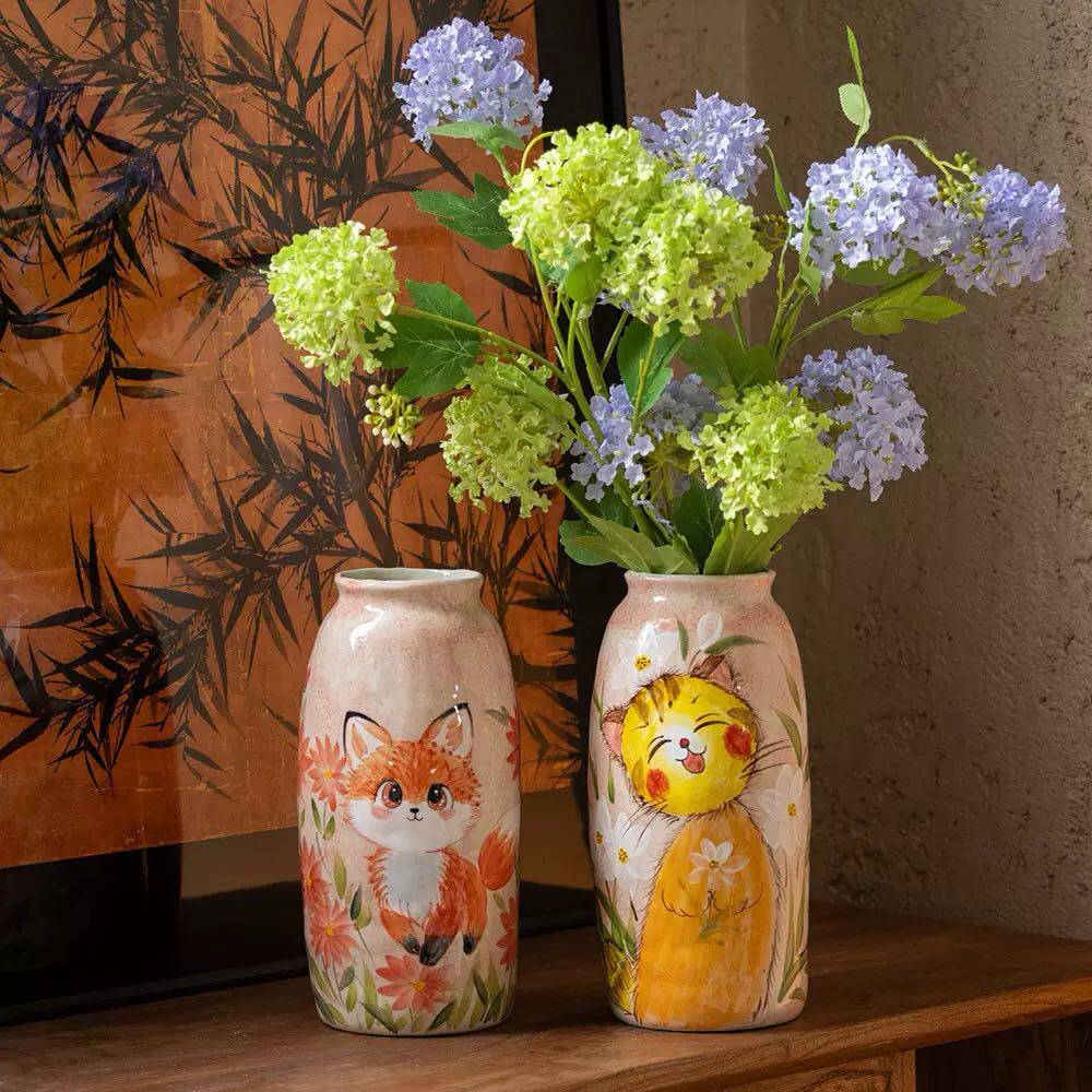 俏皮卡通动物印花陶瓷花瓶桌面摆件可爱狐狸猫咪装饰品