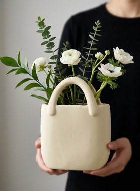 极简陶瓷托特包造型手提花瓶