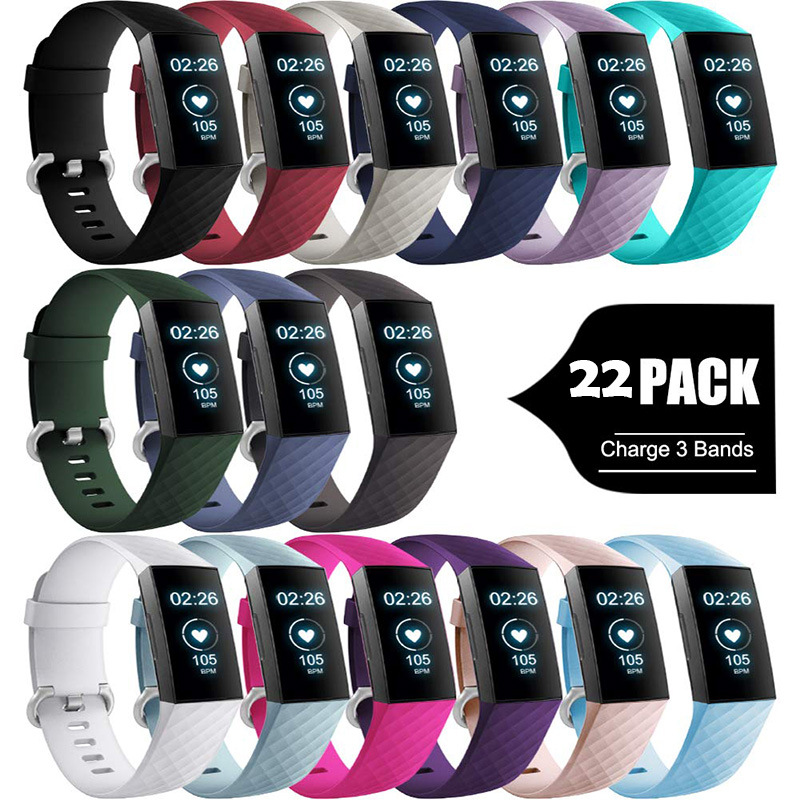 适用fitbit charge3/4智能手环表带 3D菱形纹透气硅胶替换带配件