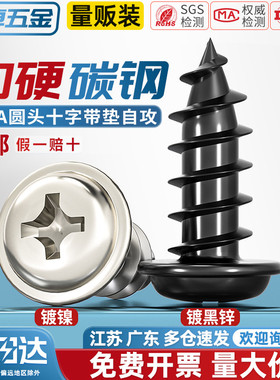 PWA 铁镀镍/黑锌圆头十字带垫自攻螺丝盘头带介螺钉M2M2.6M3M4mm