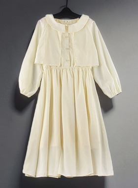 Z2法式分层松紧高腰排扣蓝色复古灯笼袖娃娃领A字裙摆显瘦连衣裙