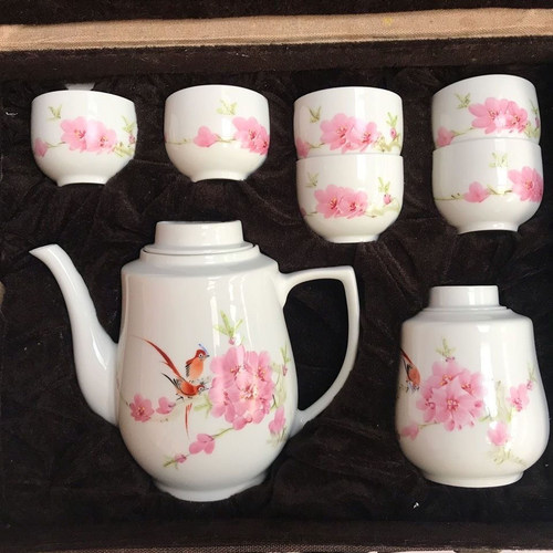 7501茶具景德镇陶瓷手绘水点桃花中式茶具茶杯壶红色官窑收藏茶具