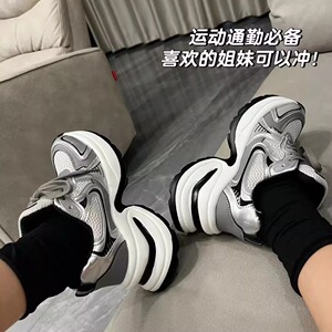 赵露思同款银色巴黎老爹鞋厚底女2024新款夏季真皮松糕休闲运动鞋