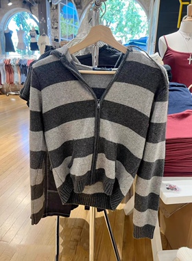 BrandyGirl美式复古条纹连帽bm针织衫女开衫拉链修身外套短款毛衣