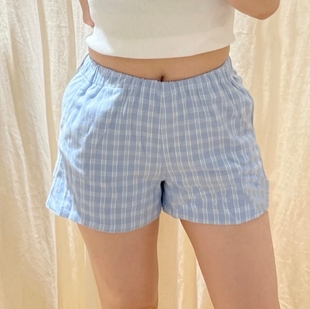 【清仓特价】美式复古蓝色格子bm短裤女辣妹低腰休闲阔腿裤热裤潮