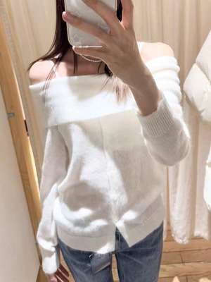 BrandyGirl新款一字肩翻领bm长袖针织衫女修身上衣单排扣开衫毛衣