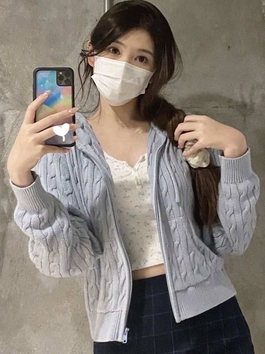 Brandy Girl美式复古连帽麻花毛衣女bm针织衫开衫拉链短款外套ins