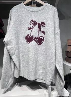 BrandyGirl美式复古樱桃蝴蝶结wm针织衫女圆领宽松毛衣灰色上衣潮