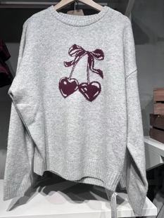 BrandyGirl美式 女圆领宽松毛衣灰色上衣潮 复古樱桃蝴蝶结wm针织衫
