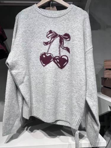 BrandyGirl美式复古樱桃蝴蝶结wm针织衫女圆领宽松毛衣灰色上衣潮