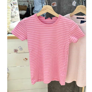 BrandyGirl新款粉色条纹圆领纯棉bm短袖T恤修身显瘦正肩百搭上衣