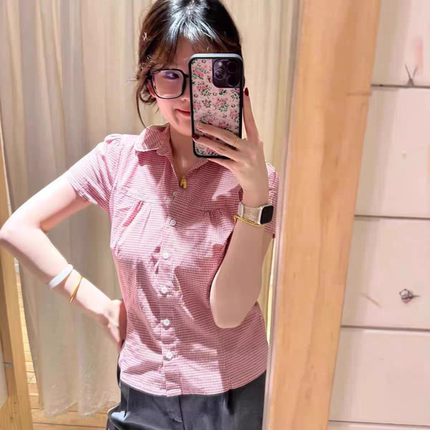 BrandyGirl新款娃娃领条纹bm短袖衬衫女修身显瘦纯棉上衣开衫衬衣