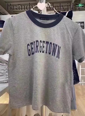 Brandy Girl欧美风GeorgeTown印花包边纯棉T恤bm短袖修身显瘦上衣
