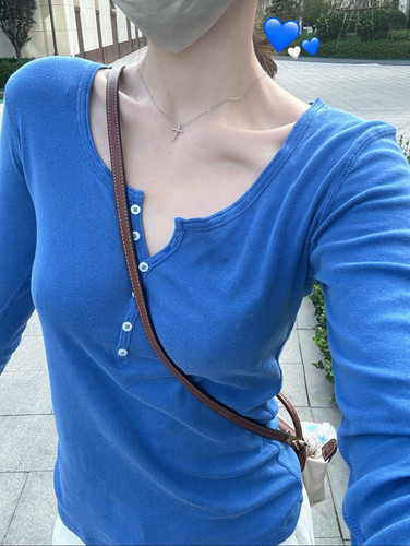 BrandyGirl美式复古多粒扣bm亨利长袖T恤女休闲打底衫百搭上衣潮