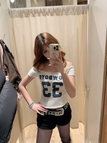 BrandyGirl美式复古33数字bm短袖T恤女一字肩卷边修身辣妹上衣潮